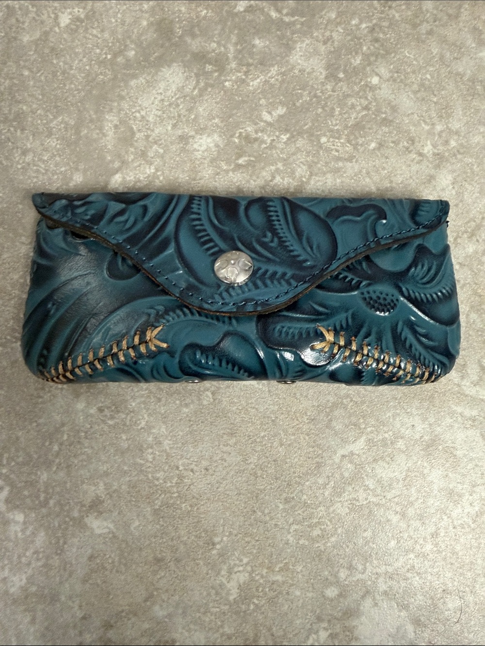 Tooled Leather Floral Glasses Case Clutch – Teal Blue (Patricia Nash Style)